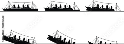 Sinking ship silhouette sequence maritime disaster illustration showing ocean liner capsizing stages isolated on white background history concept vector design