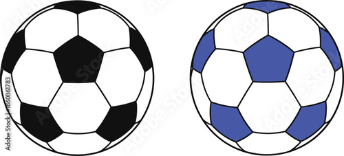 Classic Football Vector Illustration: Traditional Black White and Modern Blue Soccer Balls Isolated on Clean White Background, Representing Sport, Teamwork, and Competition.