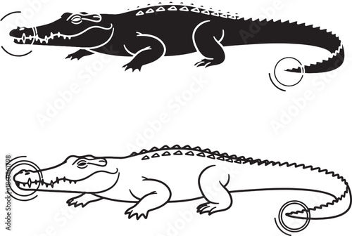 Minimal crocodile outline and silhouette vector illustration set in side view on white background