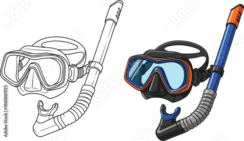 Collection of cute cartoon animals, athletic children playing sports, diving scuba gear, and fire extinguisher illustrations isolated on white background,