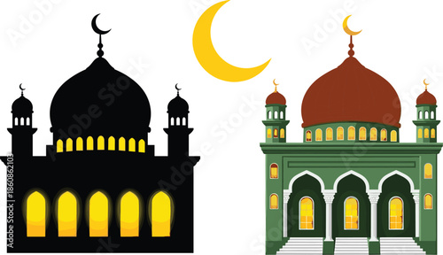 Collection of cute cartoon characters, athletic children, popcorn mascots, mosque silhouette with crescent moon, scuba gear and fire extinguisher illustrations,