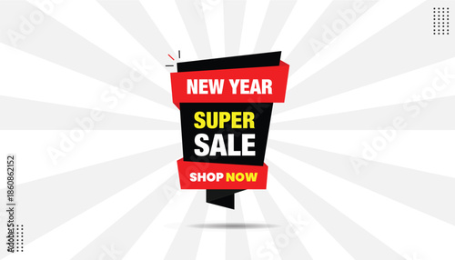 New year super sale shop now banner editable icon sticker label eps format template design black and red shapes with white hot background