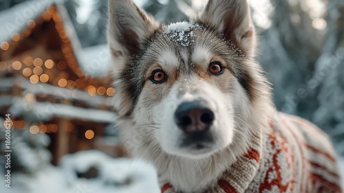 Wallpaper Mural Festive Greetings from a Cute Husky in Front of a Winter Christmas Cabin Torontodigital.ca