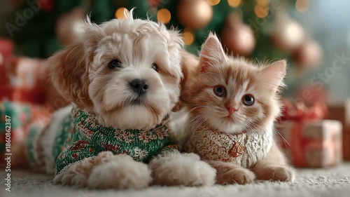 Wallpaper Mural Adorable Puppy and Kitten in Sweaters Celebrate Christmas Torontodigital.ca