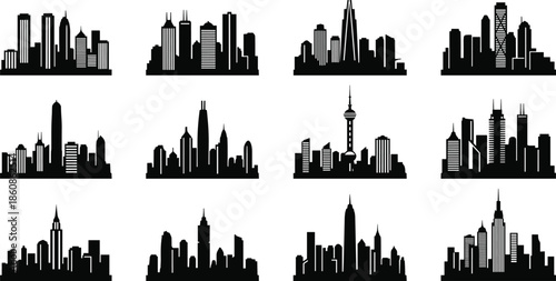 Collection of Modern City Skyline Silhouettes, Set of Various Urban Metropolis Buildings and Skyscrapers for Architectural Design and Travel Concepts,