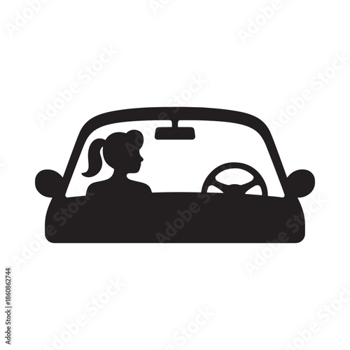 Simple black silhouette of a woman driving a car from a side view