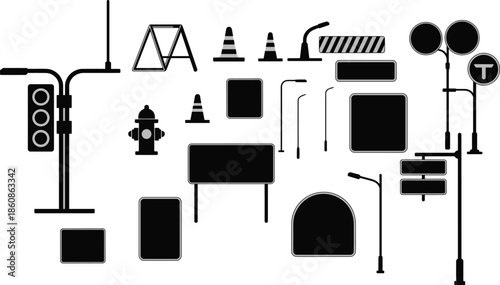 Street signs, traffic cones, street furniture, road signs, traffic lights, pedestrian signs, road barriers, street lamps, public signs, urban infrastructure.