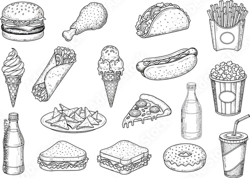 A collection of popular fast food items and snacks, hand-drawn in a sketch style