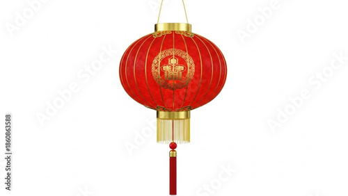 A vibrant red Chinese lantern with golden accents hangs elegantly against a white background