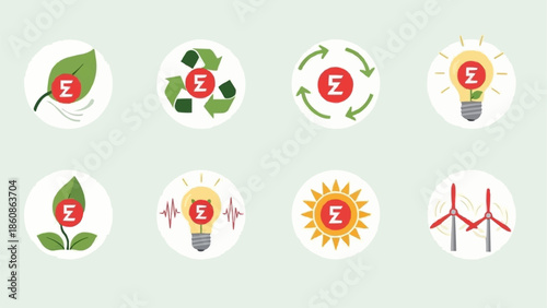 Green Energy and Finance Icons Representing Sustainability and Investment.