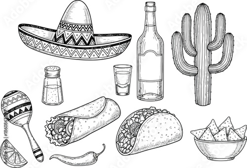 Mexican fiesta elements including sombrero, taco, burrito, and cactus