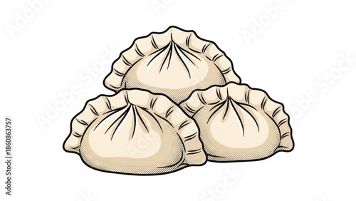 A stack of four dumplings arranged in a pyramid on a white background