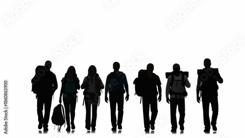 Group of hikers walking with backpacks on white background.