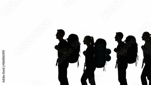 Group of hikers with backpacks in silhouette against white background.