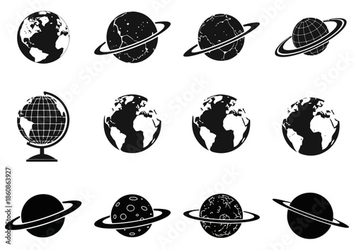Retro Futuristic Space Icon Set Cyber Sci Fi Planet Alien Starship