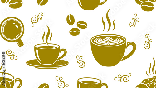Morning Coffee Seamless Pattern Hand Drawn Hot Drink Doodle Banner