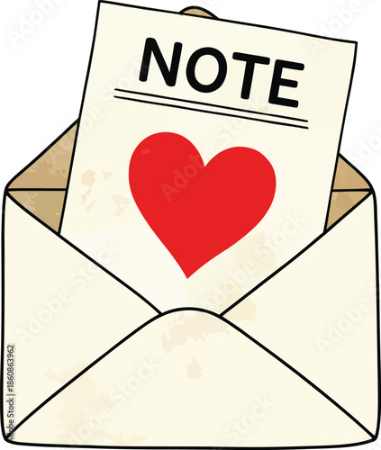 Cartoon love note with a large red heart symbol emerging from an open creamcolored envelope.