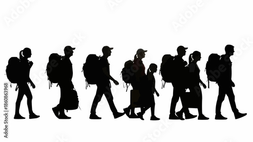Group of hikers with backpacks walking in silhouette.