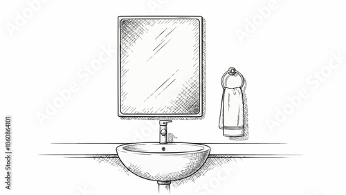 Hand drawn sketch of a bathroom sink and mirror.