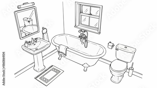 Hand drawn sketch of a classic bathroom interior design.