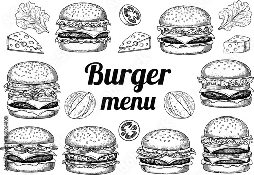 Delicious burger menu illustration with various burgers, cheese, and lettuce