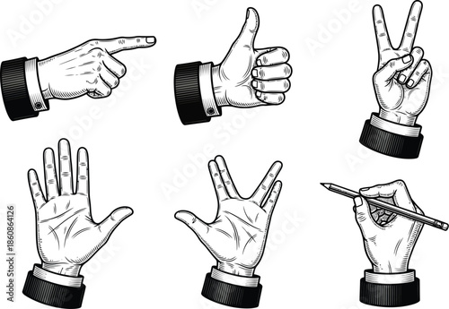 Collection of hand gestures and actions in vintage illustration style