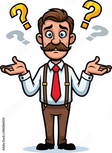 Confused cartoon man with a large mustache and suspenders shrugging his shoulders with question marks.