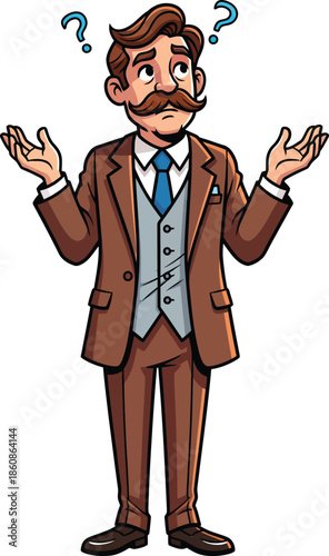 Confused cartoon gentleman in a brown suit and waistcoat shrugging with question marks.