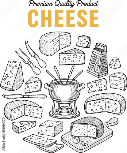 A variety of cheese types and fondue accessories