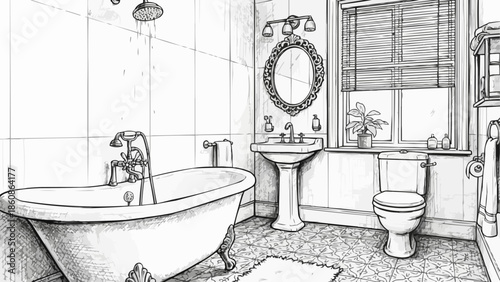 Hand drawn sketch of a classic bathroom interior design.