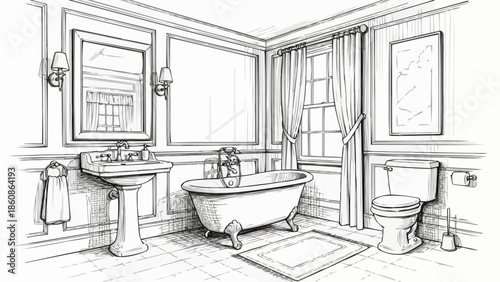 Hand drawn sketch of a classic vintage bathroom interior design.