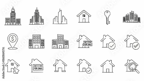 Real Estate Icons - Buildings, Houses, and Key Outline Set.