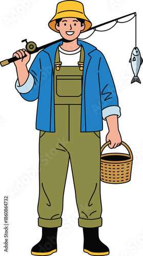 Smiling cartoon fisherman in a yellow hat holding a fishing rod with a caught fish and a wicker basket.