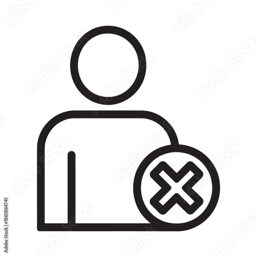 Simple black and white line icon of a person with a cancel symbol
