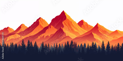 A vibrant orange sunset ignites the mountain landscape as fire in the sky reflects over a misty forest valley and silhouetted hills at dusk