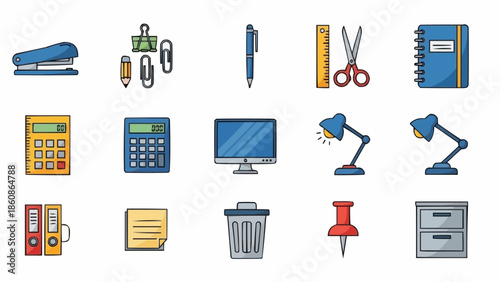 Office Supplies and Stationery Icons - Essential Tools for Work and Study.