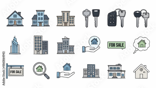 Real Estate Icons - Houses, Buildings, Keys, and For Sale Signs.