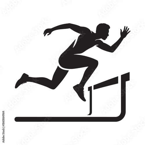 A silhouette of an athlete mid jump over a hurdle in a race