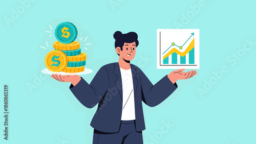 Man holding coins and a graph, illustrating financial growth and investment strategy in a modern setting