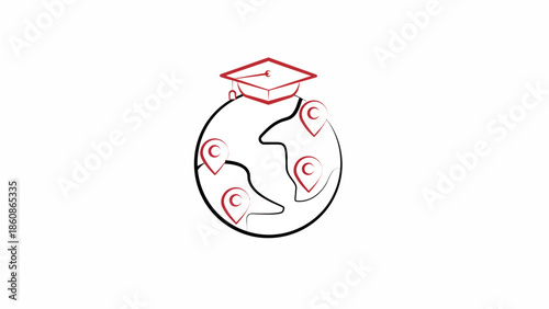 Studying abroad concept with graduation cap on globe and location pins in minimalist line art style