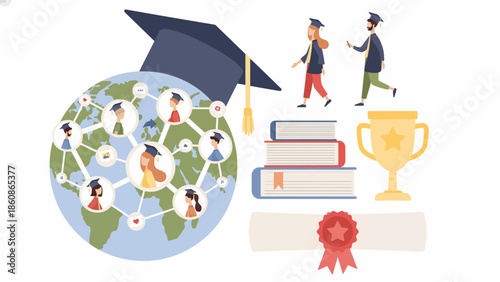 Global Educational Network Illustration with Students, Books, Trophy and Diploma
