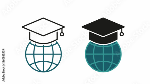 Education Globe Icon Set in Outline and Filled Styles Featuring a Graduation Cap on the World