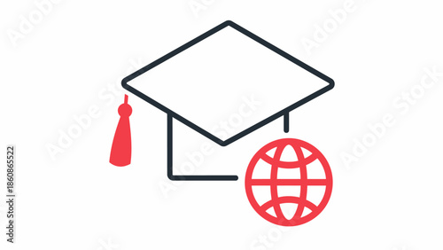 Academic Branding Icon with Red Graduation Tassel and Stylized Globe Line Art for Global Learning