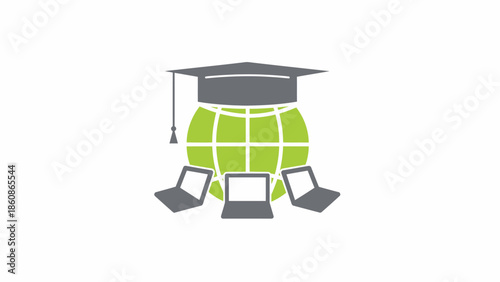 Online Distance Learning Concept with Graduation Cap on Globe and Three Laptop Icons