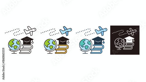 Study Abroad and International Travel Icon Set with Airplane Globe Graduation Cap and Books