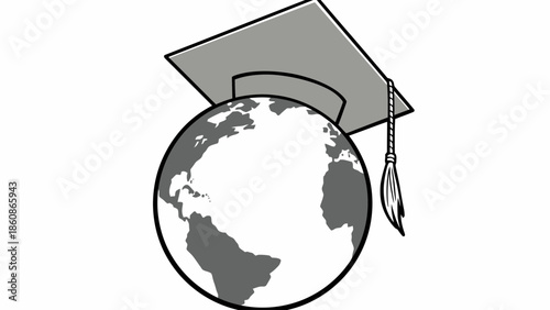 Black and White Illustration of a Large Graduation Cap on Top of a World Map Globe, Universal Education and Academic Success