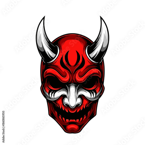 Red Japanese Oni mask with white horns and sharp teeth, traditional demon folklore art.