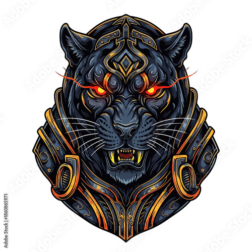 A fierce black panther head with glowing red eyes and intricate golden armor details, depicted in a stylized, powerful design.