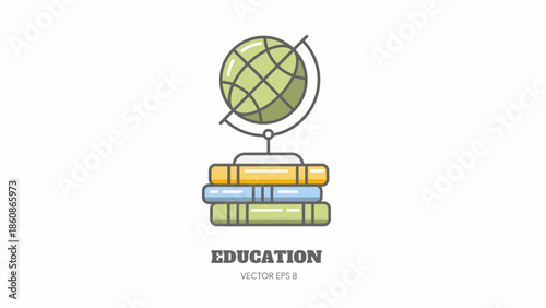 Educational Illustration of a World Globe Resting on a Stack of Books with Bold Typography, Global Knowledge and Learning Concept