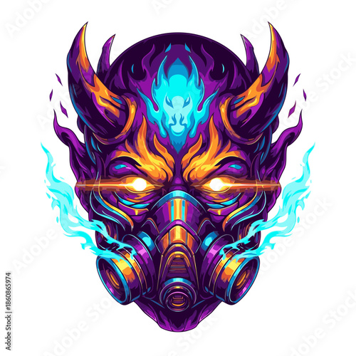 A vibrant, detailed illustration of a horned demon-like mask with glowing eyes and a gas mask, featuring purple, orange, and blue hues.